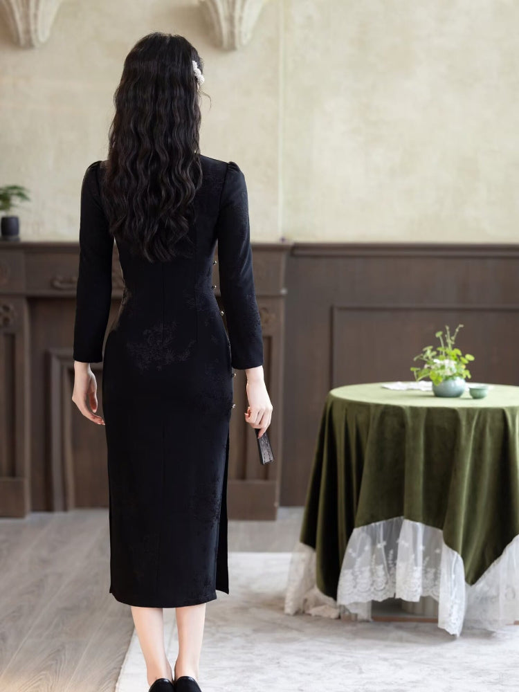 Beth and Brian Qipao-LSB Vivian Black Midi Cheongsam Dress With Long‑Sleeves