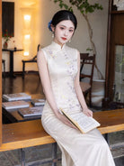 Beth and Brian Qipao-LSB Evelyn Sleeveless beige Acetate Cheongsam Dress