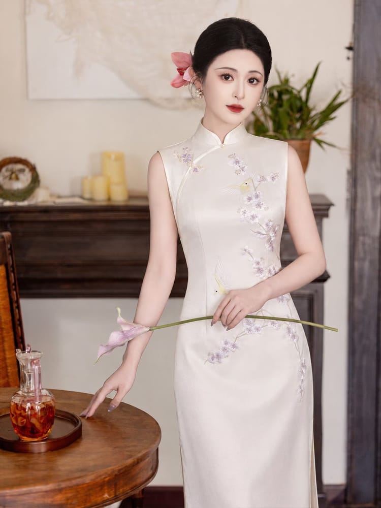 Beth and Brian Qipao-LSB Evelyn Sleeveless beige Acetate Cheongsam Dress