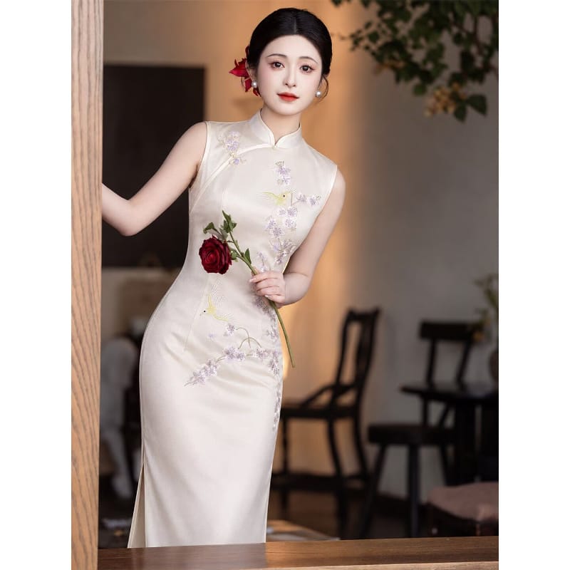 Beth and Brian Qipao-LSB Evelyn Sleeveless beige Acetate Cheongsam Dress