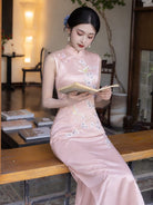 Beth and Brian Qipao-LSB Mia Pink Sleeveless Acetate Midi Cheongsam Dress
