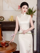 Beth and Brian Qipao-LSB White Sleeveless Acetate Cheongsam Dress