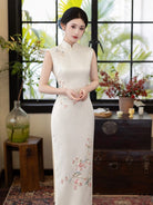 Beth and Brian Qipao-LSB White Sleeveless Acetate Cheongsam Dress