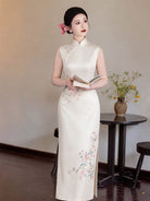 Beth and Brian Qipao-LSB White Sleeveless Acetate Cheongsam Dress