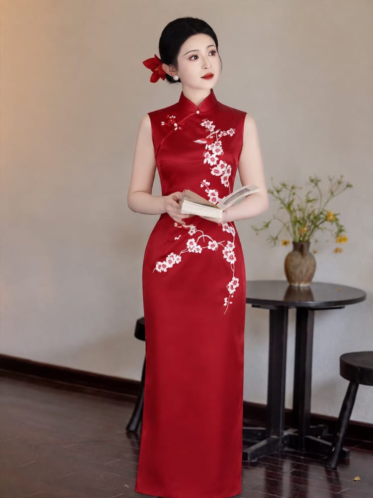 Beth and Brian Qipao-LSB Stella Red Sleeveless Acetate Cheongsam Dress