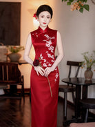 Beth and Brian Qipao-LSB Stella Red Sleeveless Acetate Cheongsam Dress