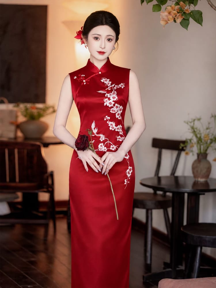 Beth and Brian Qipao-LSB Stella Red Sleeveless Acetate Cheongsam Dress