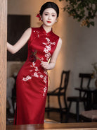 Beth and Brian Qipao-LSB Stella Red Sleeveless Acetate Cheongsam Dress