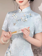 Beth and Brian Qipao-XSG Stella Light Blue Midi Cheongsam Dress With Short Sleeves