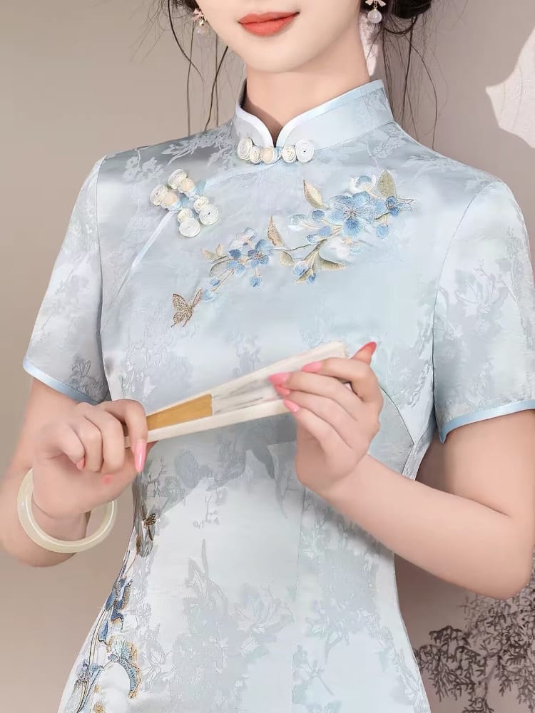 Beth and Brian Qipao-XSG Stella Light Blue Midi Cheongsam Dress With Short Sleeves