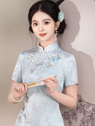 Beth and Brian Qipao-XSG Stella Light Blue Midi Cheongsam Dress With Short Sleeves