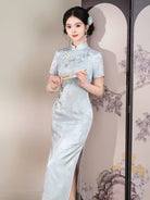 Beth and Brian Qipao-XSG Stella Light Blue Midi Cheongsam Dress With Short Sleeves