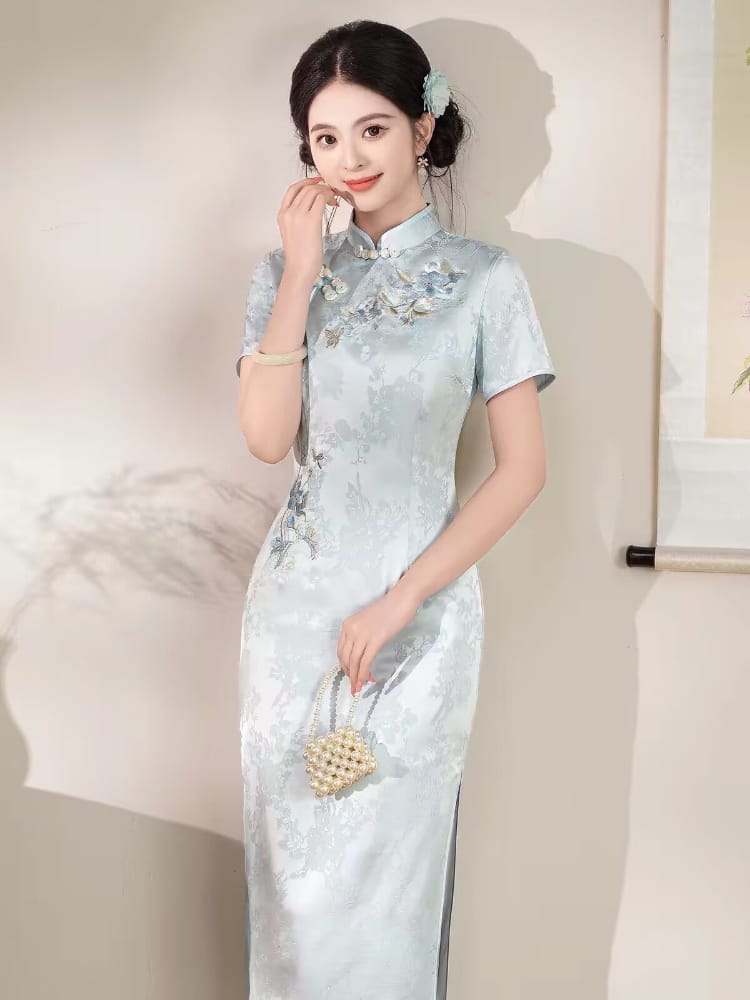 Beth and Brian Qipao-XSG Stella Light Blue Midi Cheongsam Dress With Short Sleeves