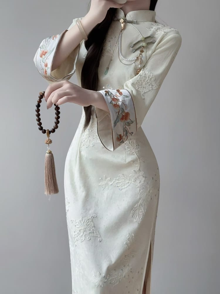 Beth and Brian Qipao-LSB Hazel Beige Stretch Velvet Cheongsam Dress With Long Sleeves