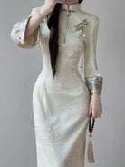 Beth and Brian Qipao-LSB Hazel Beige Stretch Velvet Cheongsam Dress With Long Sleeves