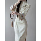 Beth and Brian Qipao-LSB Hazel Beige Stretch Velvet Cheongsam Dress With Long Sleeves