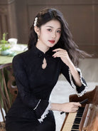 Beth and Brian Qipao-LSB Iris Black Knitting Jacquard Cheongsam Dress With Long‑Sleeves