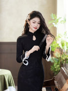 Beth and Brian Qipao-LSB Iris Black Knitting Jacquard Cheongsam Dress With Long‑Sleeves