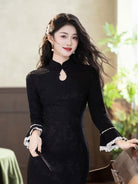 Beth and Brian Qipao-LSB Iris Black Knitting Jacquard Cheongsam Dress With Long‑Sleeves