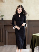Beth and Brian Qipao-LSB Iris Black Knitting Jacquard Cheongsam Dress With Long‑Sleeves