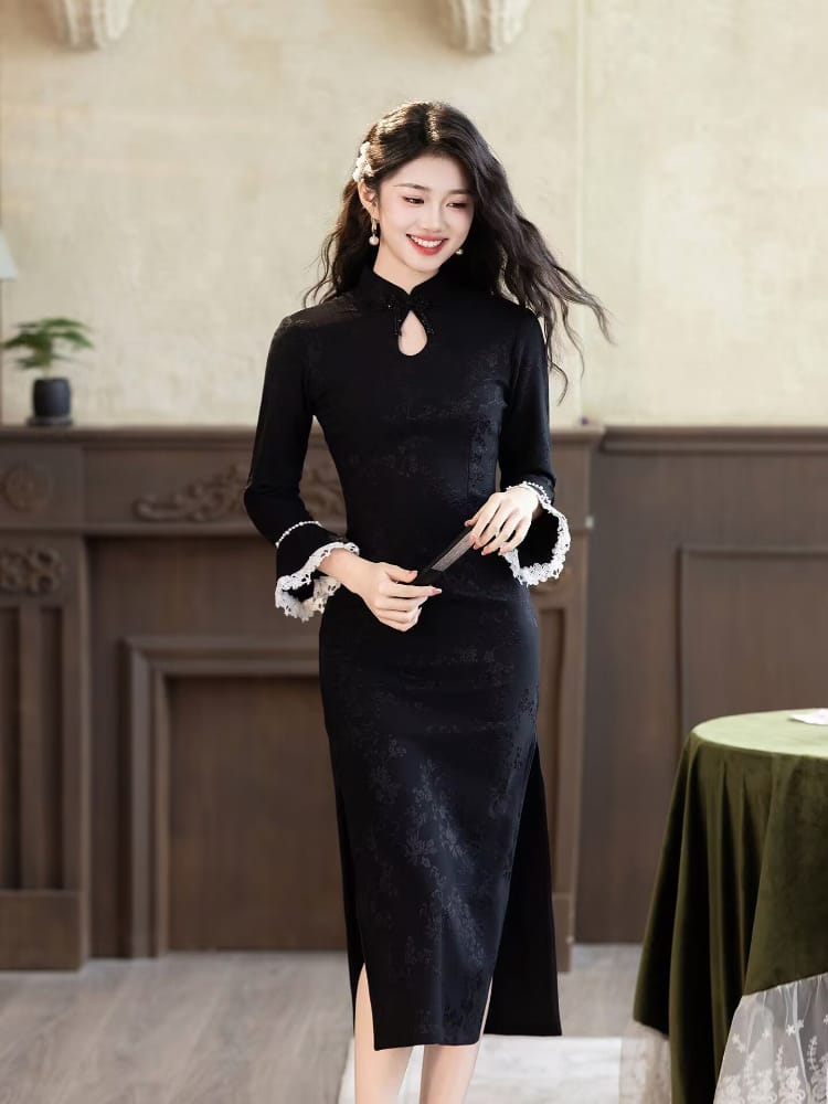 Beth and Brian Qipao-LSB Iris Black Knitting Jacquard Cheongsam Dress With Long‑Sleeves
