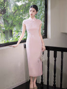 Beth and Brian Qipao-JNX Chloe Pink Floral Embroidery Cheongsam Dress With Cap Sleeves