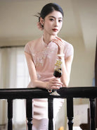 Beth and Brian Qipao-JNX Chloe Pink Floral Embroidery Cheongsam Dress With Cap Sleeves