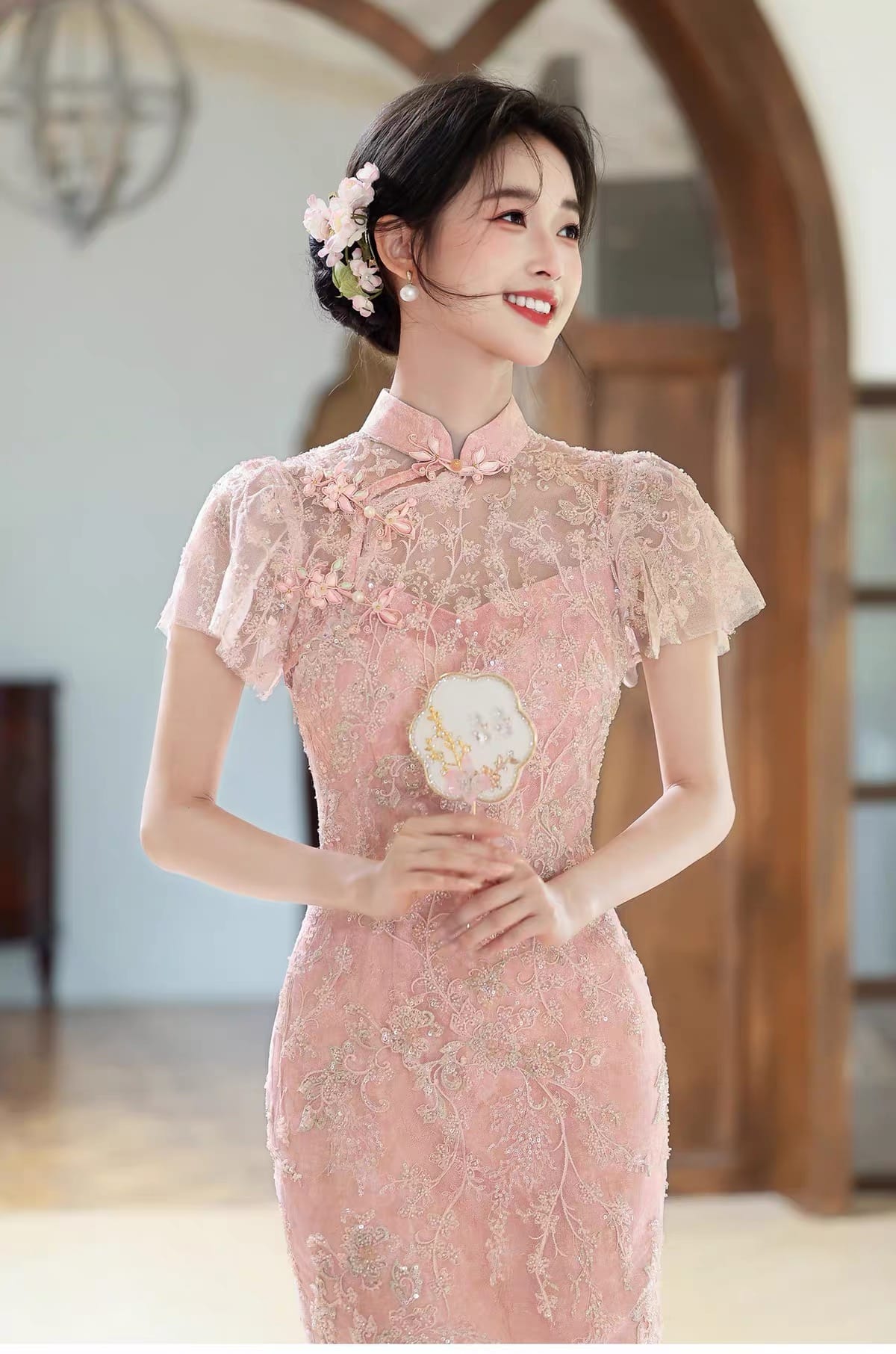 Beth and Brian Qipao-EE Bespoke Blush Pink Floral Cheongsam | Beaded Maxi Qipao