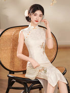 Beth and Brian Qipao-XSG Luna Beige Sleeveless Jacquard Midi Cheongsam Dress