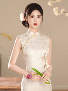 Beth and Brian Qipao-XSG Luna Beige Sleeveless Jacquard Midi Cheongsam Dress