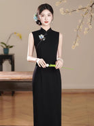 Beth and Brian Qipao-XSG Bonnie Black Sleeveless Woven Embroidered Long Cheongsam Dress