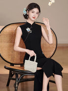 Beth and Brian Qipao-XSG Bonnie Black Sleeveless Woven Embroidered Long Cheongsam Dress