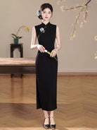 Beth and Brian Qipao-XSG Bonnie Black Sleeveless Woven Embroidered Long Cheongsam Dress