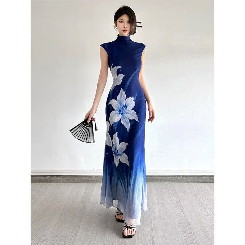 Beth and Brian Qipao-DBN Madison Blue Gradient Cheongsam Maxi Dress With Raglan Sleeves