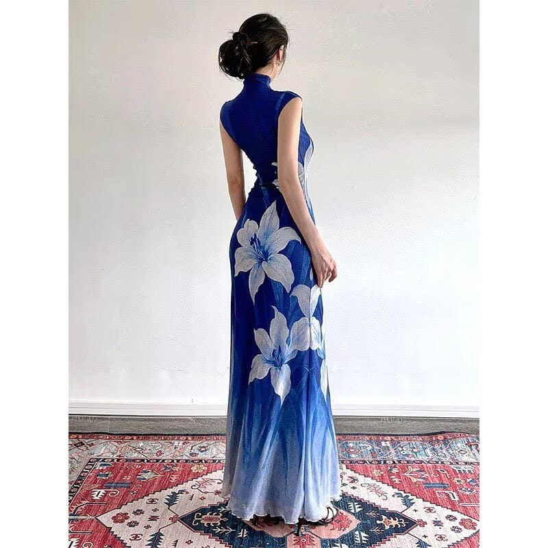Beth and Brian Qipao-DBN Madison Blue Gradient Cheongsam Maxi Dress With Raglan Sleeves