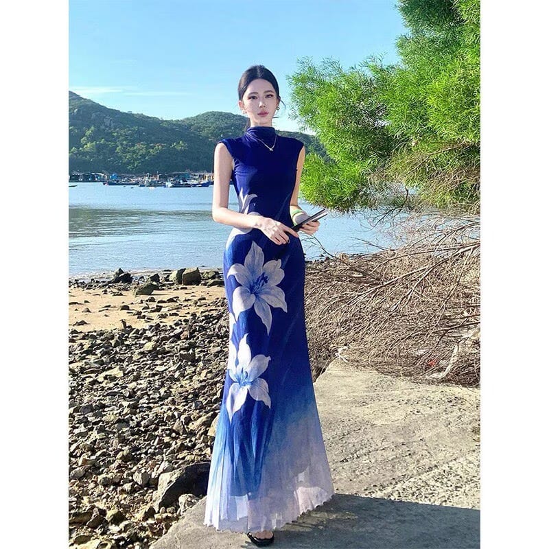 Beth and Brian Qipao-DBN Madison Blue Gradient Cheongsam Maxi Dress With Raglan Sleeves