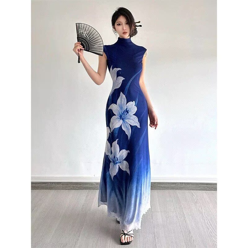 Beth and Brian Qipao-DBN Madison Blue Gradient Cheongsam Maxi Dress With Raglan Sleeves
