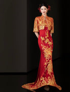 Beth and Brian Qipao-YYG Bespoke Red Peacock Embroidery Bridal Cheongsam Gown Set