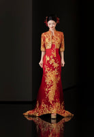 Beth and Brian Qipao-YYG Bespoke Red Peacock Embroidery Bridal Cheongsam Gown Set