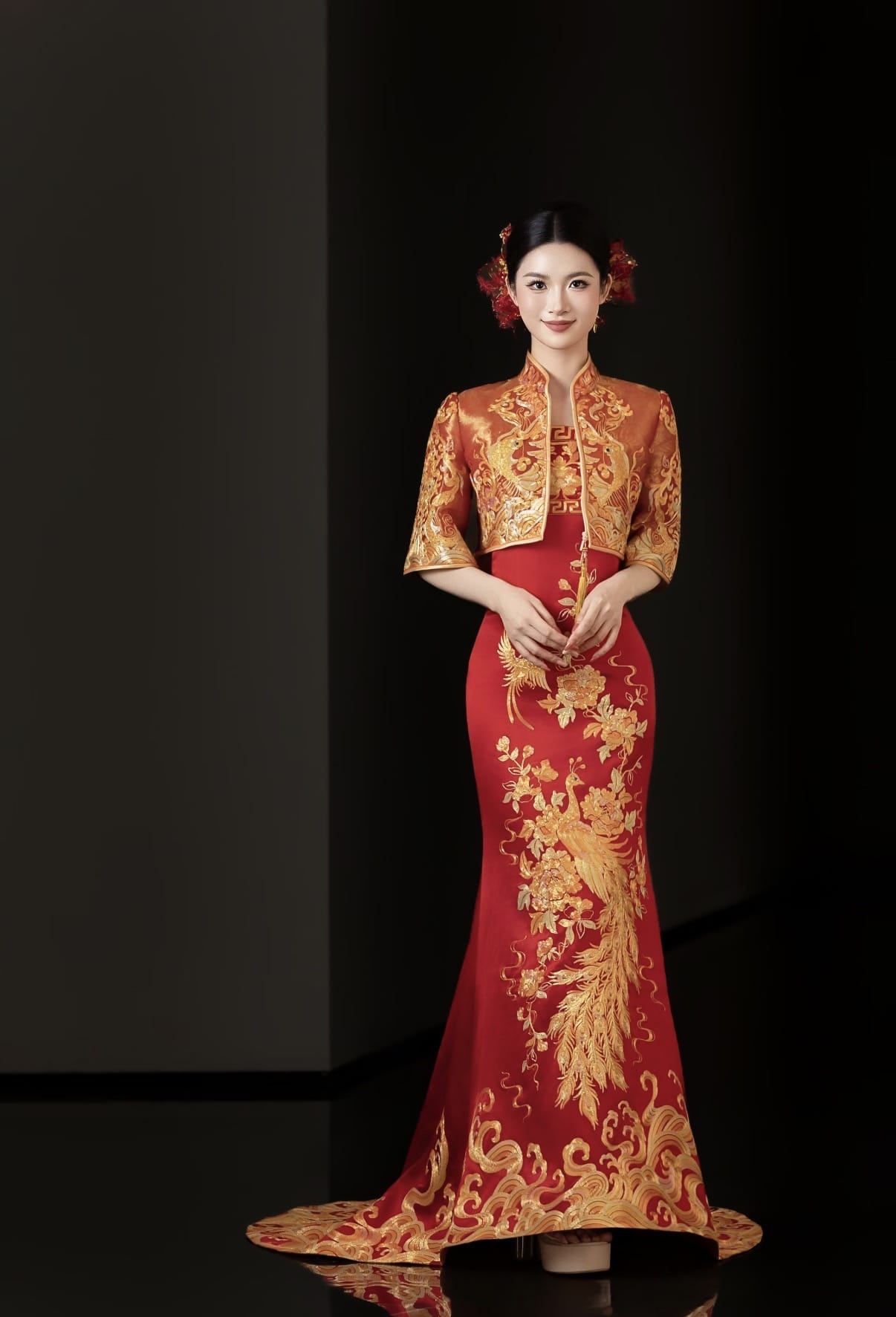 Beth and Brian Qipao-YYG Bespoke Red Peacock Embroidery Bridal Cheongsam Gown Set