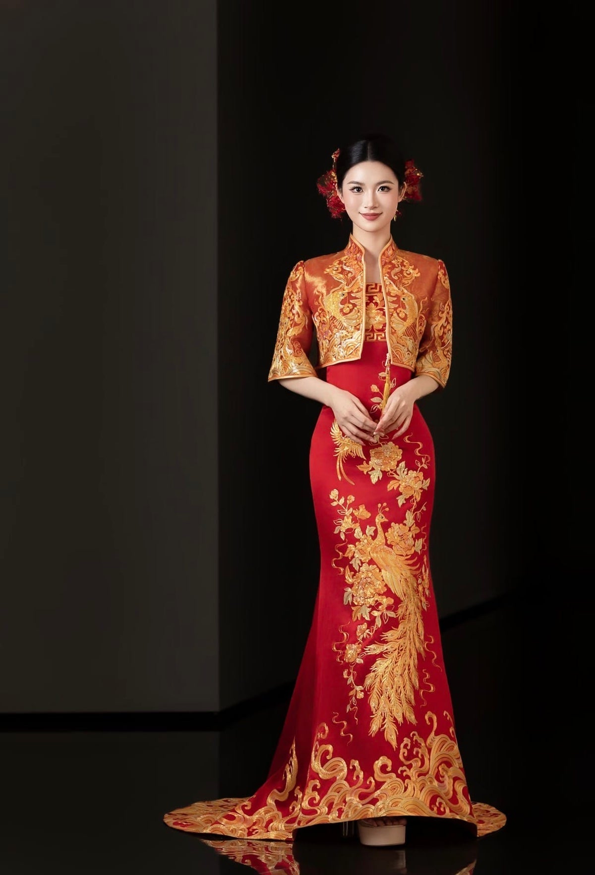 Beth and Brian Qipao-YYG Bespoke Red Peacock Embroidery Bridal Cheongsam Gown Set