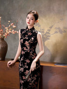 Beth and Brian Qipao-CZX Hazel Black Floral Pattern Long Cheongsam