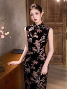 Beth and Brian Qipao-CZX Hazel Black Floral Pattern Long Cheongsam