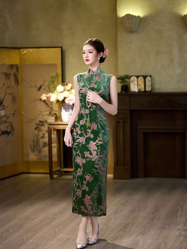 Beth and Brian Qipao-CZX Old Shanghai Style, Ivy Green Floral Long Cheongsam