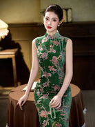 Beth and Brian Qipao-CZX Old Shanghai Style, Ivy Green Floral Long Cheongsam