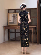 Beth and Brian Qipao-CZX Chloe Black Velvet Golden Butterfly Cheongsam