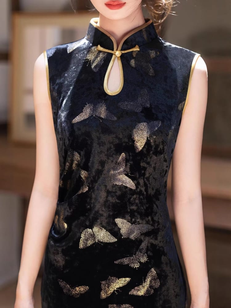 Beth and Brian Qipao-CZX Chloe Black Velvet Golden Butterfly Cheongsam