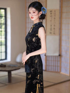 Beth and Brian Qipao-CZX Chloe Black Velvet Golden Butterfly Cheongsam