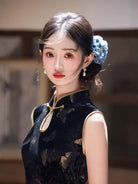 Beth and Brian Qipao-CZX Chloe Black Velvet Golden Butterfly Cheongsam