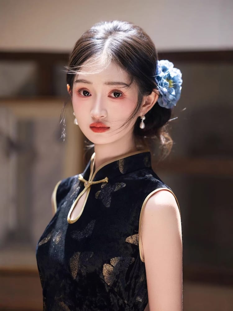 Beth and Brian Qipao-CZX Chloe Black Velvet Golden Butterfly Cheongsam